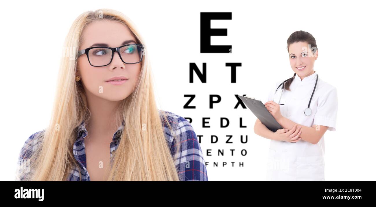 girl in eyeglasses, female doctor ophthalmologist and eye test chart