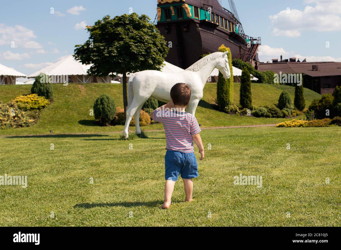 A young child boy of 3 years in a striped T-shirt barefoot on the grass goes to a white horse. Summer sunny childhood Stock Photo