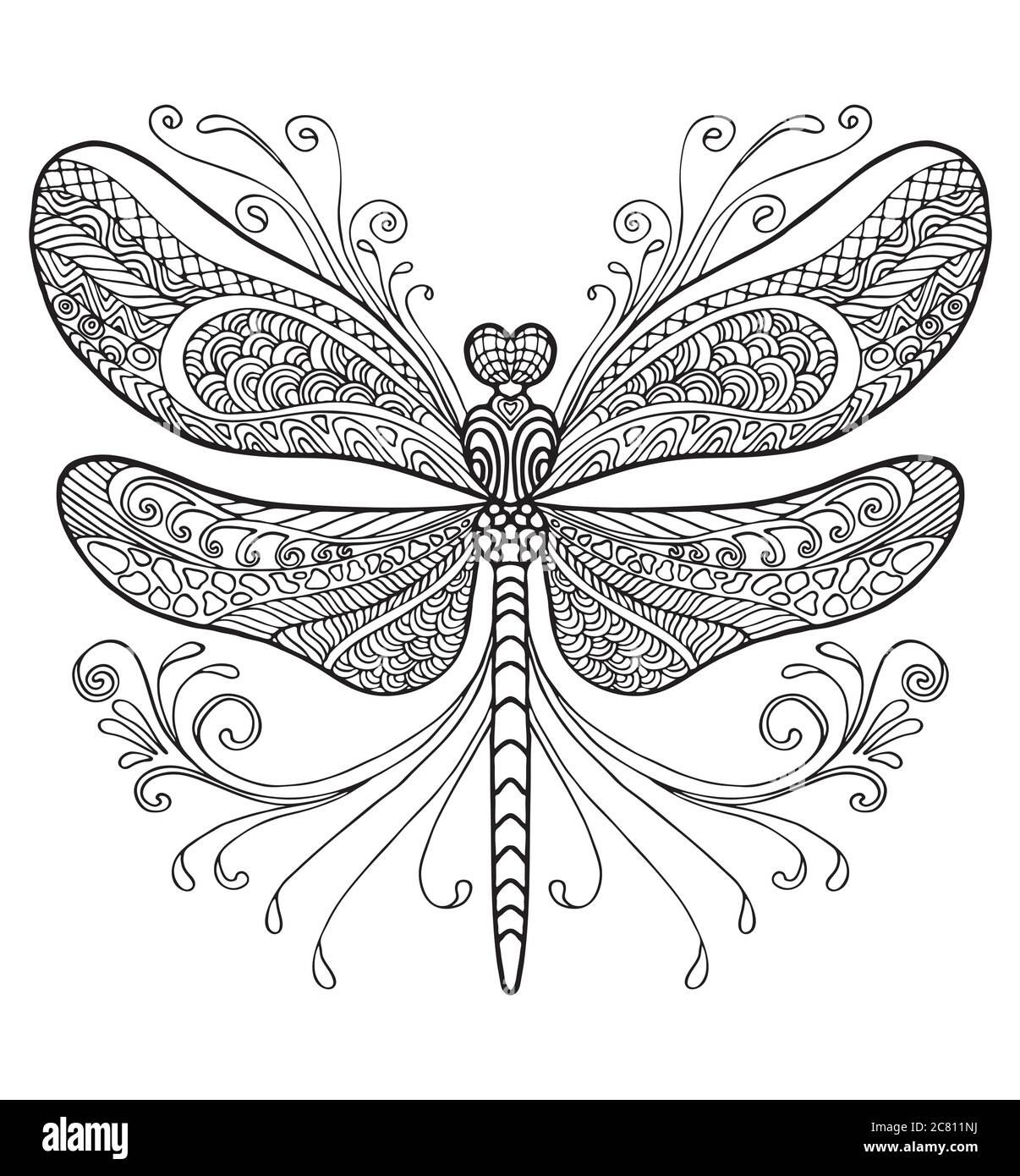 Coloring ornamental fantasy dragonfly. Vector decorative abstract vector contour illustration isolated on white background. Stock illustration for adu Stock Vector