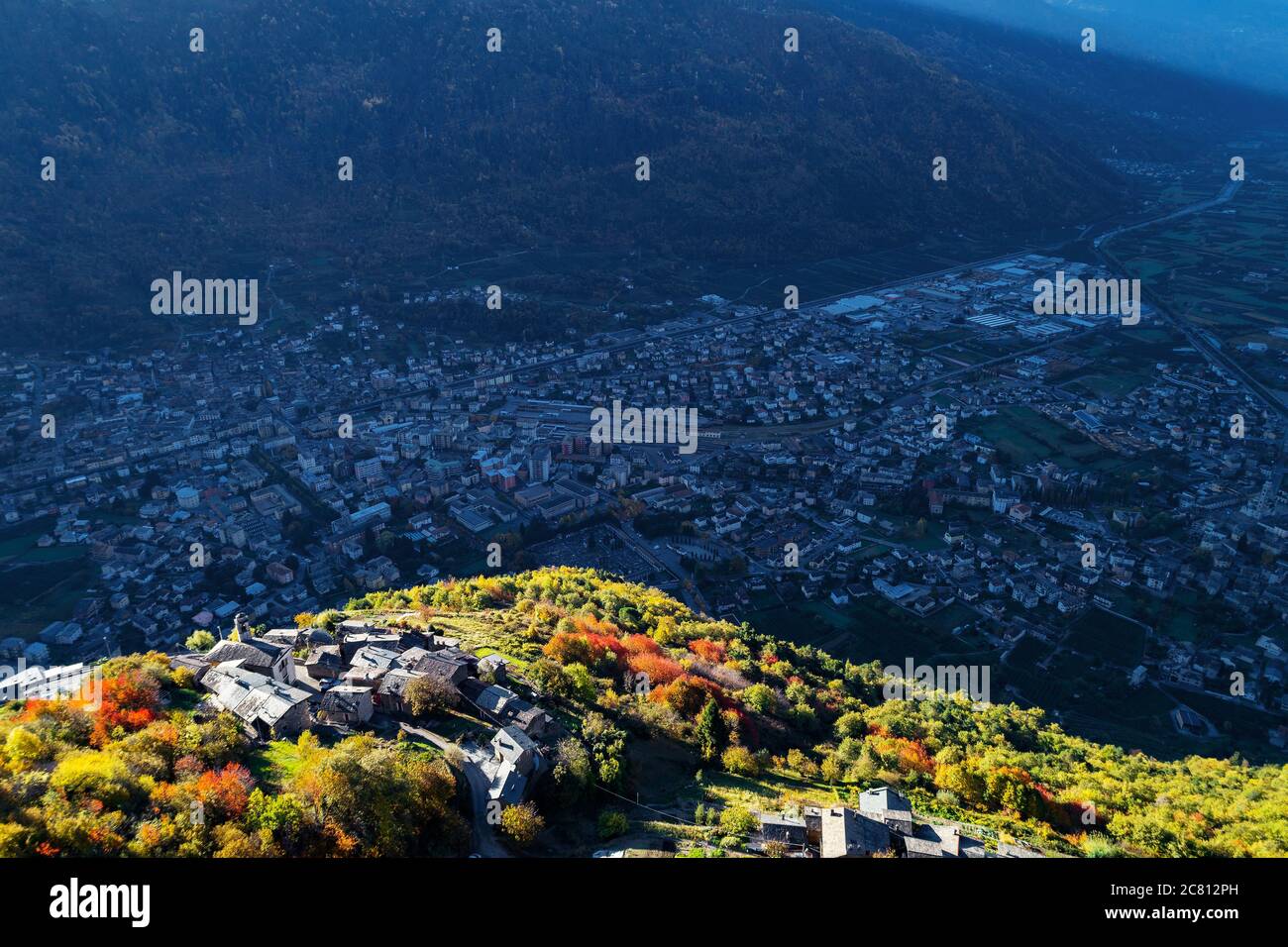 Tirano - Valtellina (IT) - Autumnal aerial view from Roncaiola Stock Photo
