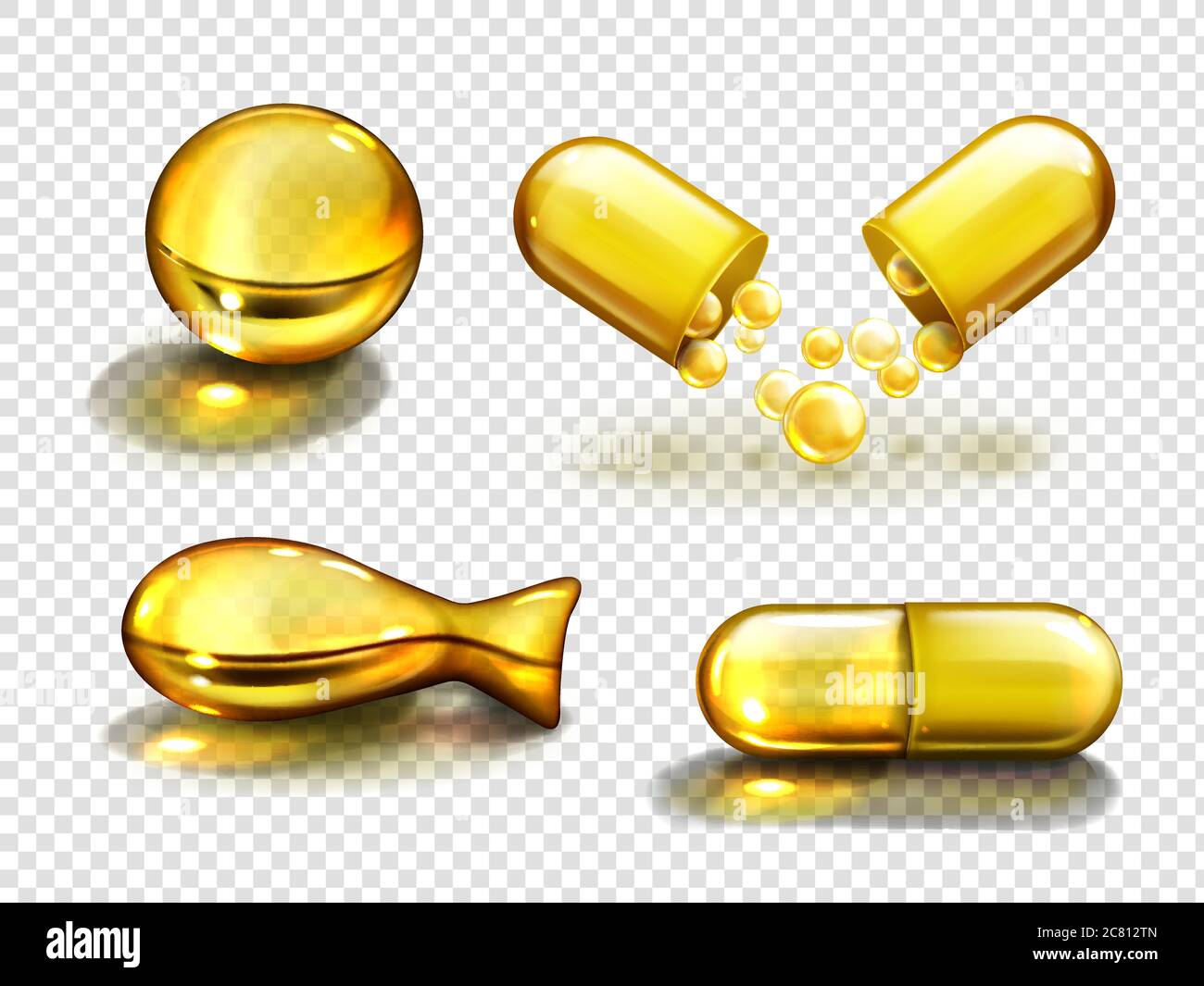 Gold oil capsules, vitamine, bio supplements, fish, round and oval shape pills. Cosmetics, omega 3 golden bubbles, antibiotic gel, isolated serum droplets or collagen essence, realistic 3d vector set Stock Vector