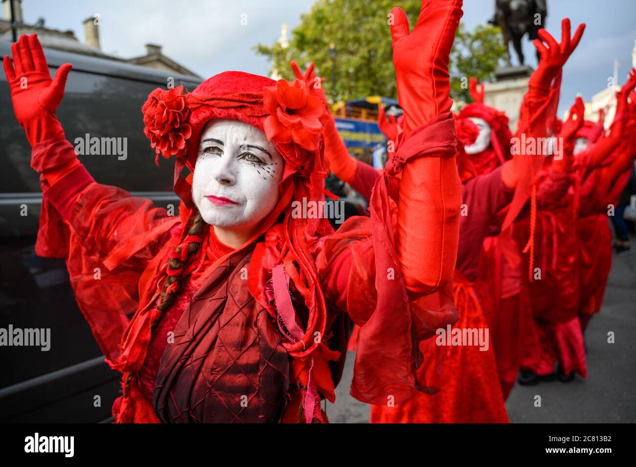 LONDON - OCTOBER 18, 2019: Red Brigade protesters at an Extinction Rebellion protest Stock Photo