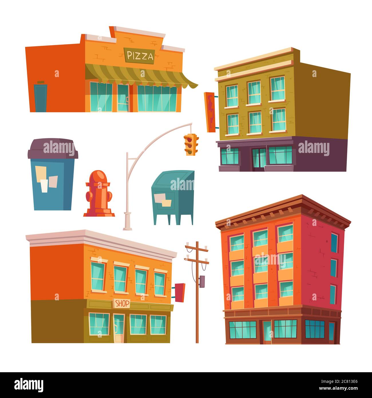 City buildings with apartments and shops isolated on white background. Vector cartoon set of front exterior of residential houses and commercial architecture, traffic light, trash bin and fire hydrant Stock Vector