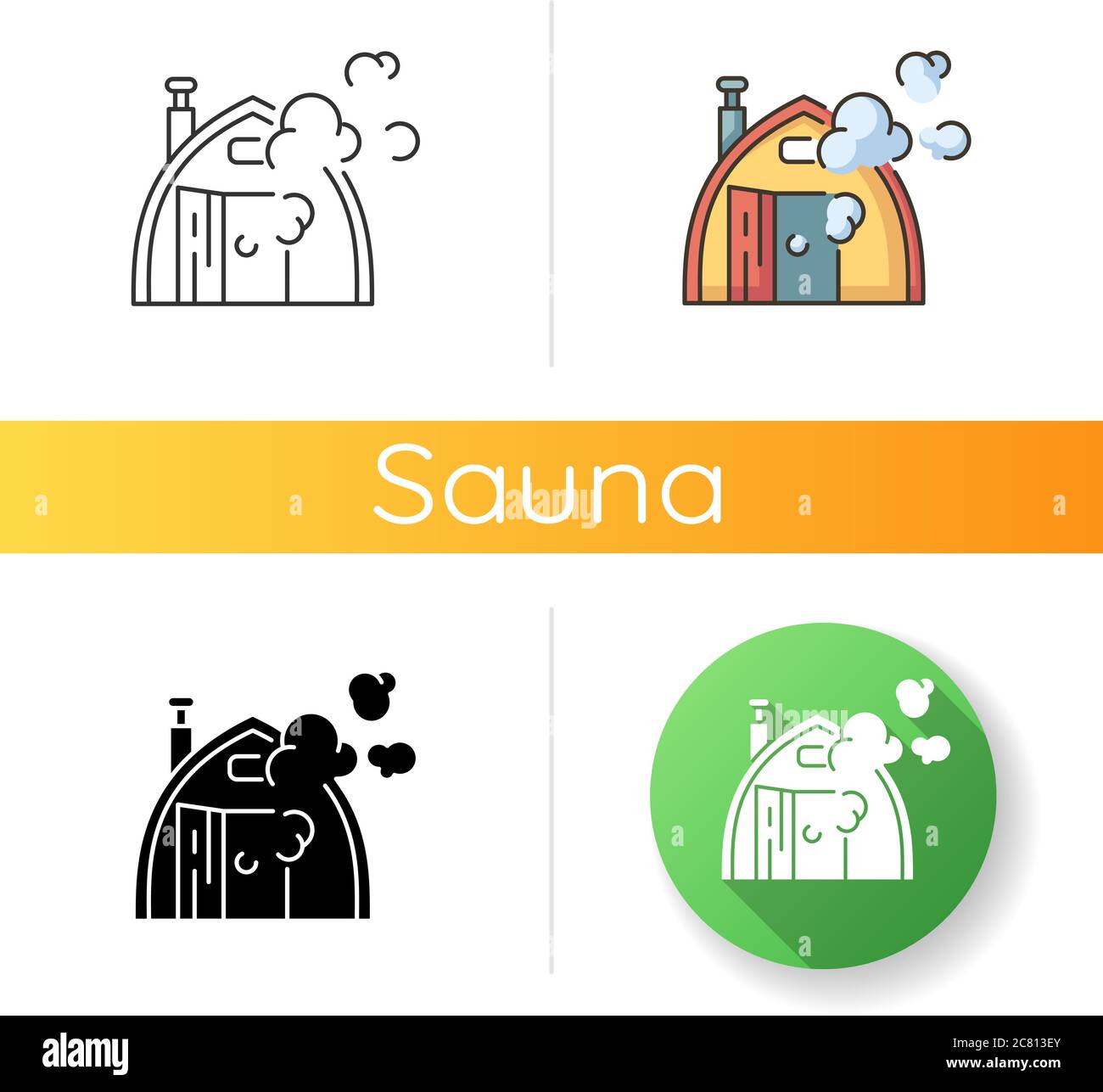 Finnish sauna icon. Linear black and RGB color styles. Traditional bathhouse, russian banya. Finland national culture. Small house for taking steam ba Stock Vector