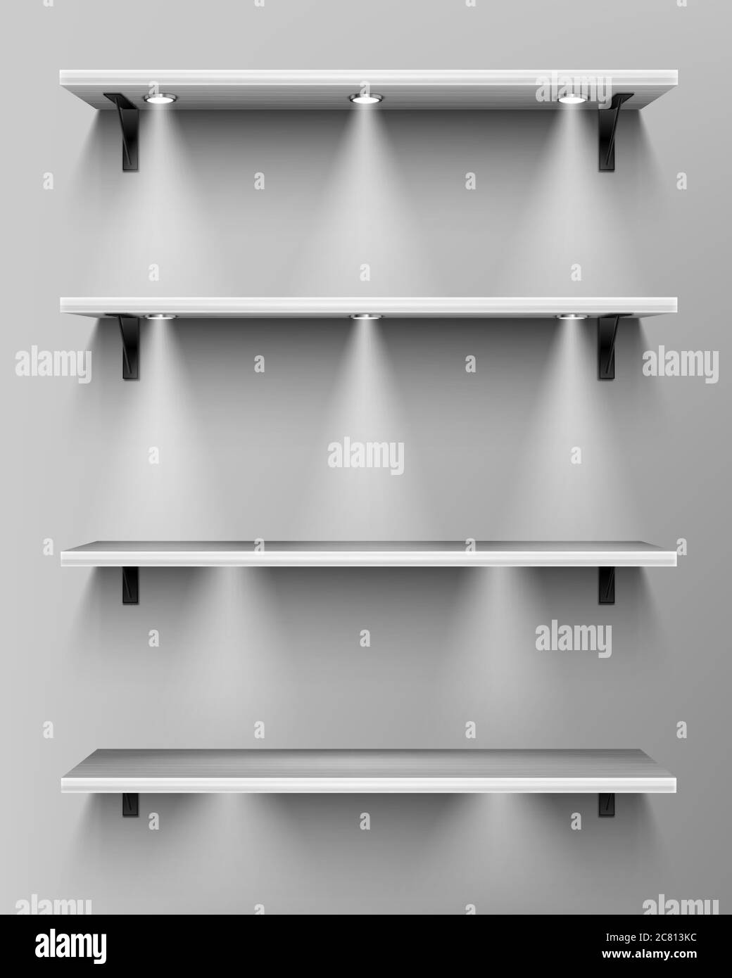 Empty wooden shelves with spotlights. Vector realistic mockup of white bookshelves in library, wood showcase in store. Timber planks illuminated by lamps for display or exhibition in gallery Stock Vector
