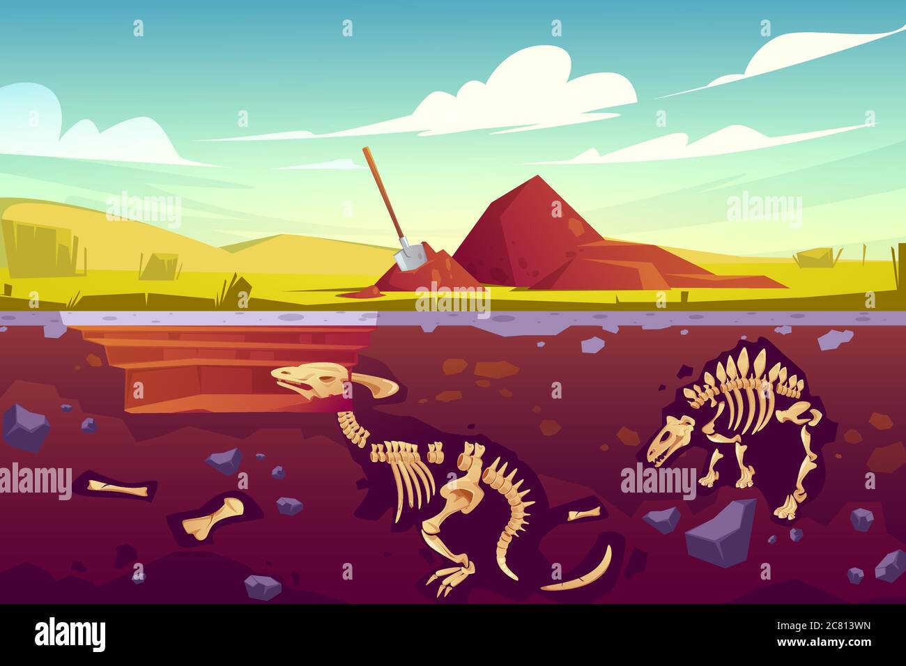 Fossil dinosaurs excavation, paleontology and archeology works. Vector cartoon illustration of landscape with pill of soil, shovel, buried skeletons of prehistoric reptiles underground Stock Vector