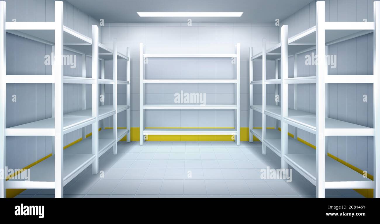 Cold room in warehouse with empty metal racks. Vector cartoon interior of industrial storage freezer with shelves, tiled walls and floor. Refrigerator chamber in factory, store or restaurant Stock Vector