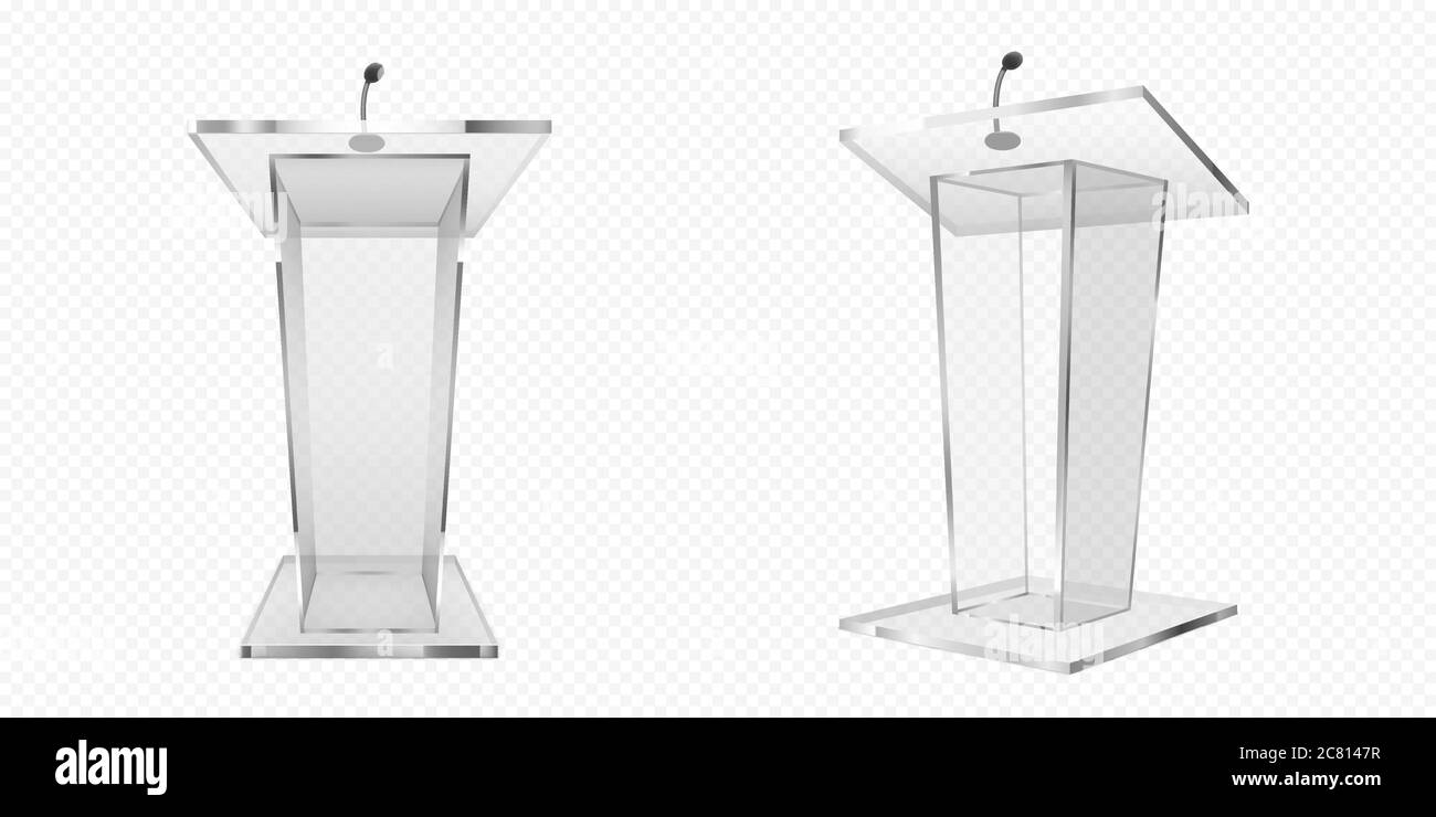 Glass pulpit, podium or tribune front side view. Rostrum stand with microphone for conference debates, trophy isolated on transparent background. Business presentation speech pedestal Realistic vector Stock Vector