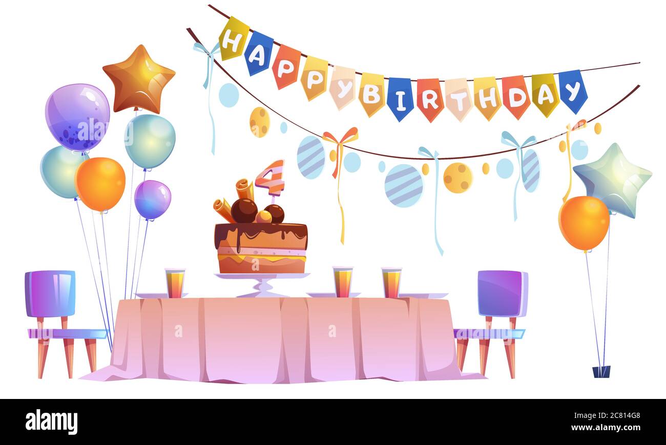 Kids birthday party decoration, festive cake with four years old candle on  table with plates and glasses, chairs, balloons bunches and garlands  isolated on white background Cartoon vector illustration Stock Vector Image