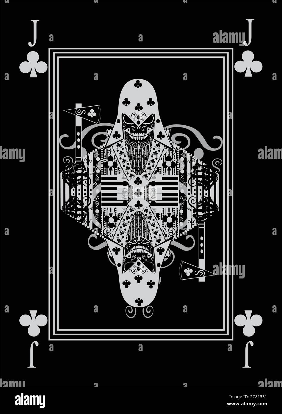 Playing card Jack clubs. Ornament skull black and white Stock Photo - Alamy