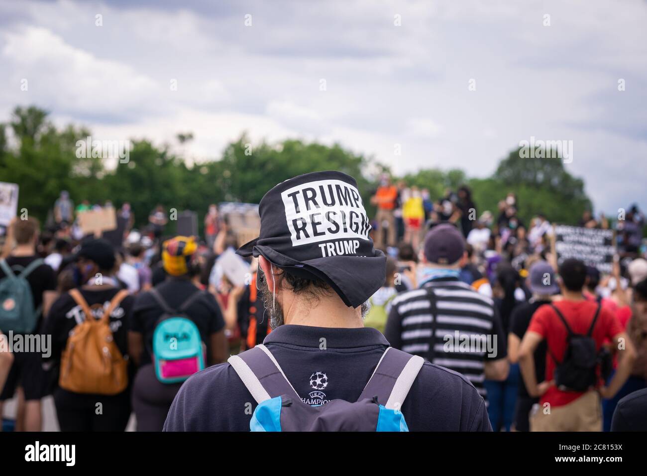 WASHIGTON D.C., UNITED STATES - Jun 19, 2020: Washington D.C./ USA- June 19th, 2020: A Black Lives Matter protester with an Anti-Trump hat. Stock Photo