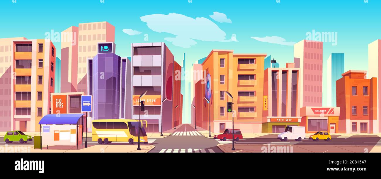 City street with houses, road with pedestrian crosswalk, cars and bus stop.  Vector cartoon background with cityscape, urban landscape with residential  buildings, office and shops Stock Vector Image & Art - Alamy