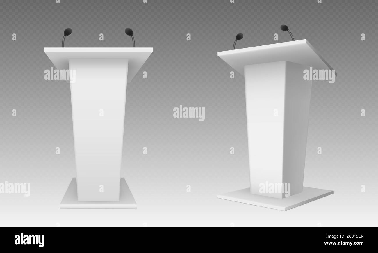 White pulpit, podium or tribune front side view. Rostrum stand with microphone for conference debates, trophy isolated on transparent. Business presentation speech pedestal Realistic vector mock up Stock Vector