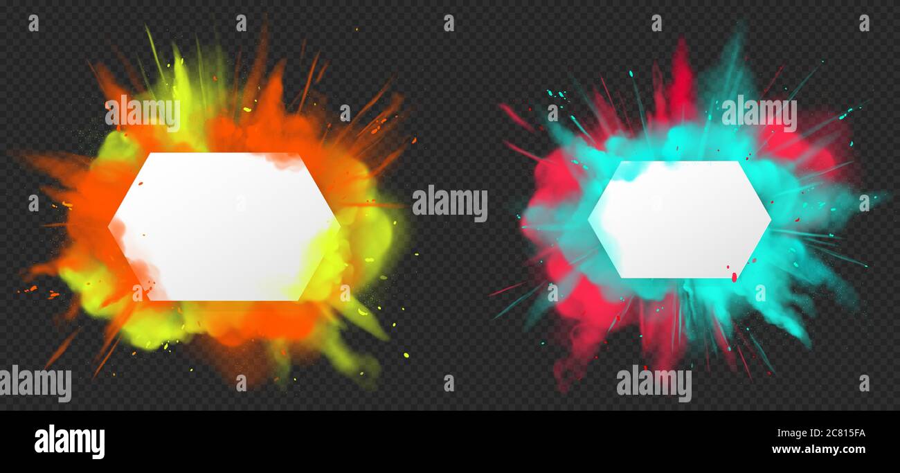 Holi paint powder color explosion banner realistic vector. Yellow red green dust splash, spring holiday paint burst with white clear blank paper isolated on dark, decorative element indian fest Stock Vector