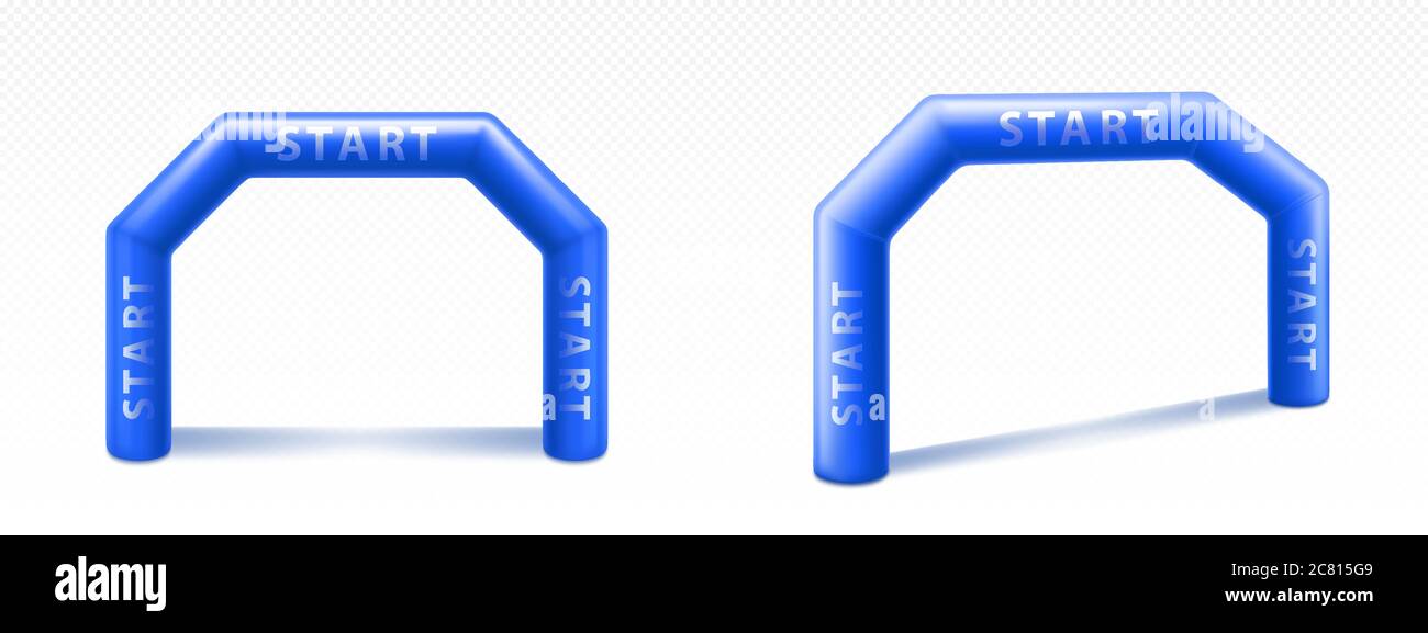 Inflatable arches for advertising, races, marathon and sports events. Blue archways gate with lettering, finish start on sports competition isolated on white background, Realistic vector illustration Stock Vector