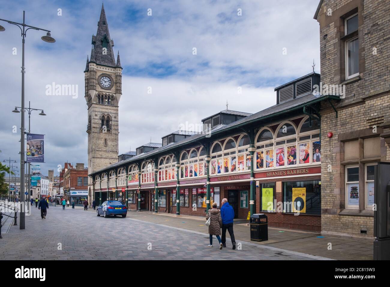Darlington covered market and clock tower from West Row Darlington Stock Photo