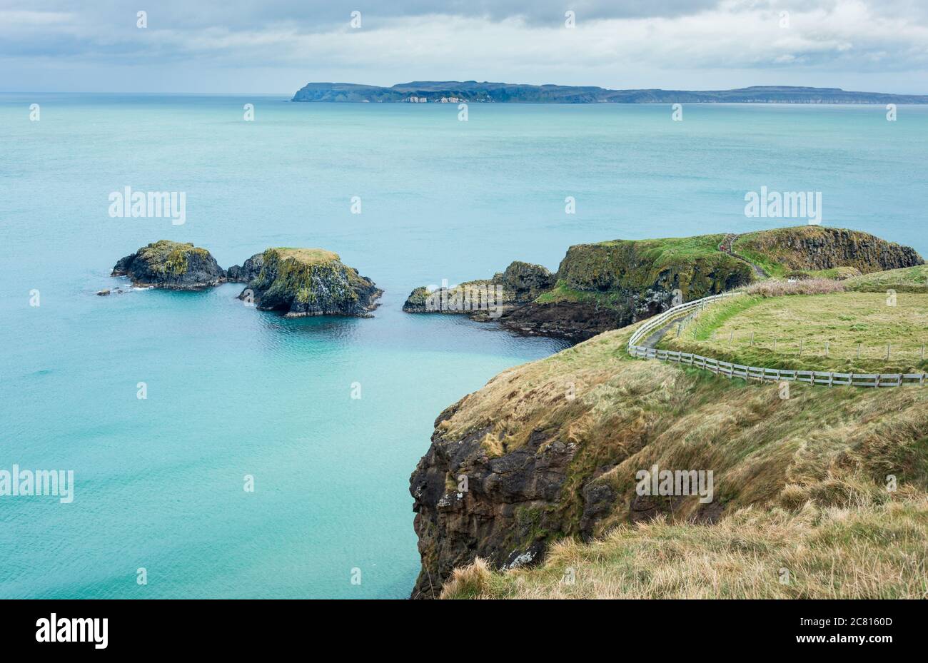 Northern Ireland landscape on the Causeway coast route in North Antrim  with coastal cliffs and a view across the sea towards Rathlin Island Stock Photo