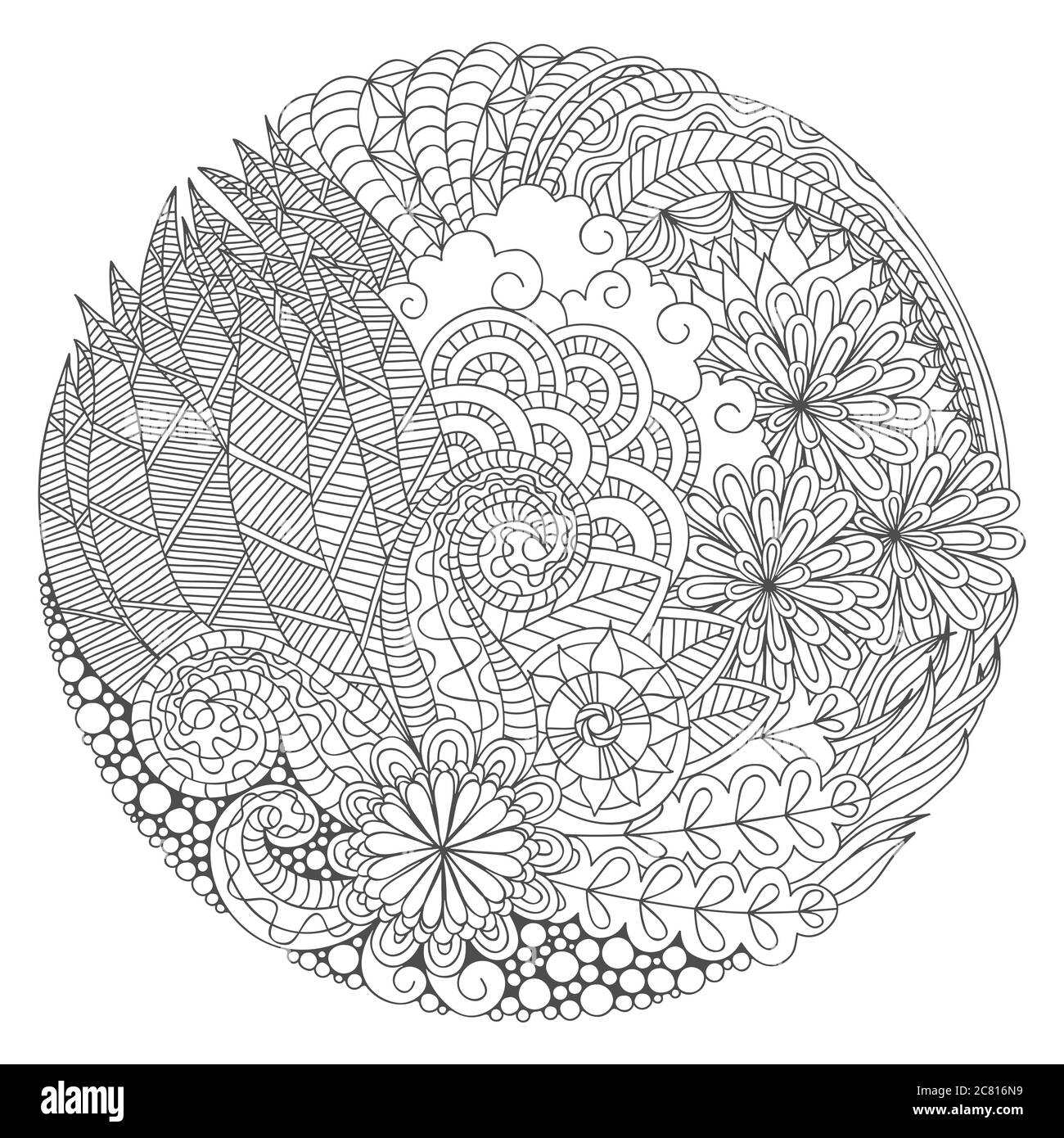 coloring page with hand drawn round detailed floral composition ...