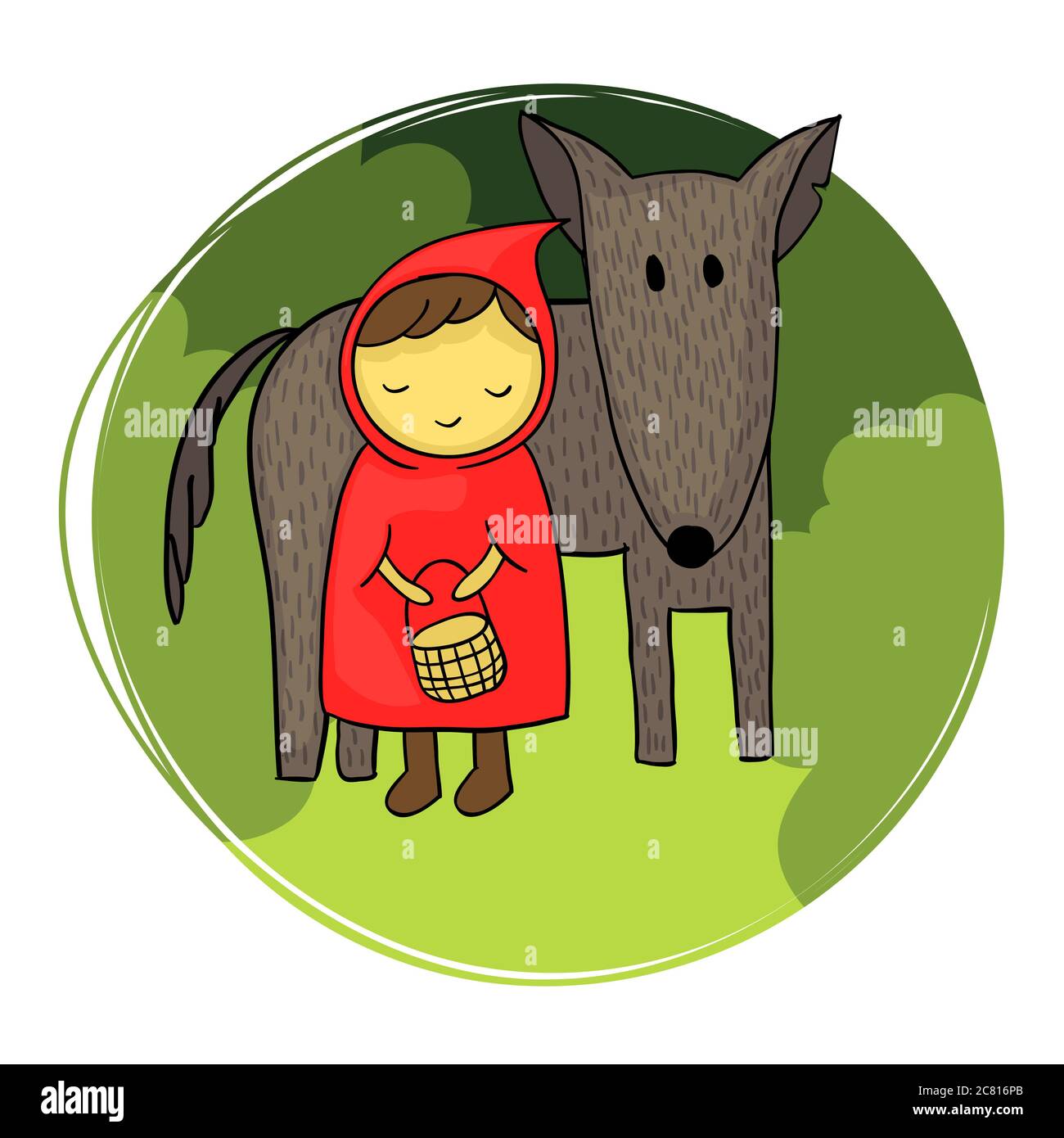 Cute and naive illustration of Little Red Riding Hood and the big bad wolf. Stock Photo