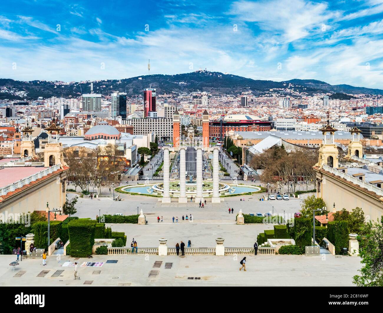 4 March 2020: Barcelona, Spain - View of Barcelona from the National Art Museum of Catalonia towards Plaça d'Espanya. Stock Photo