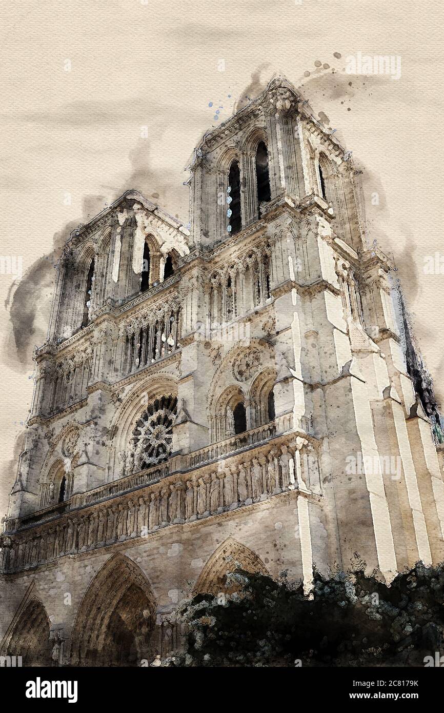 Paris Notre Dame Cathedral in Watercolor Stock Photo - Alamy