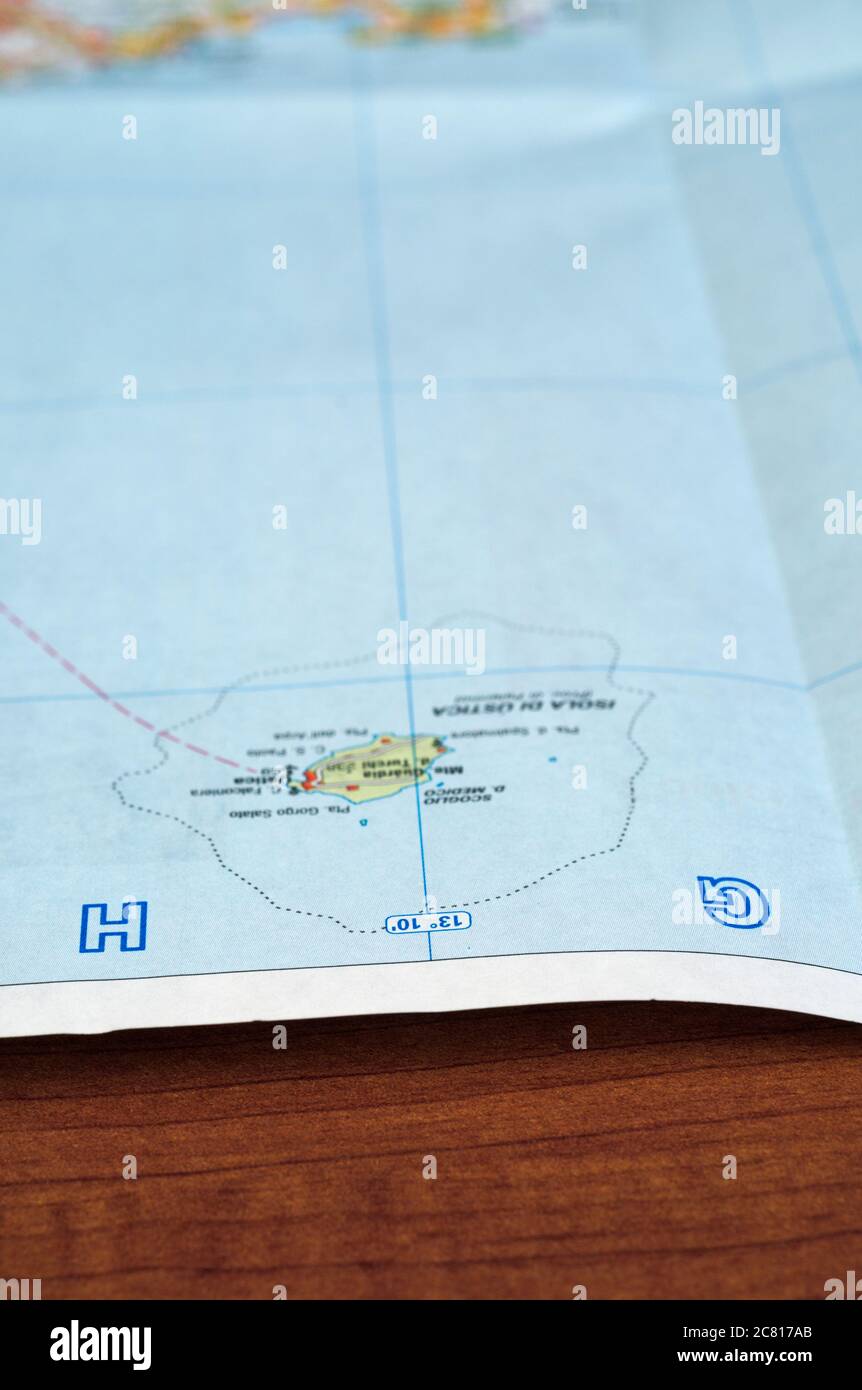 island of Ustica on the edge of a map Stock Photo