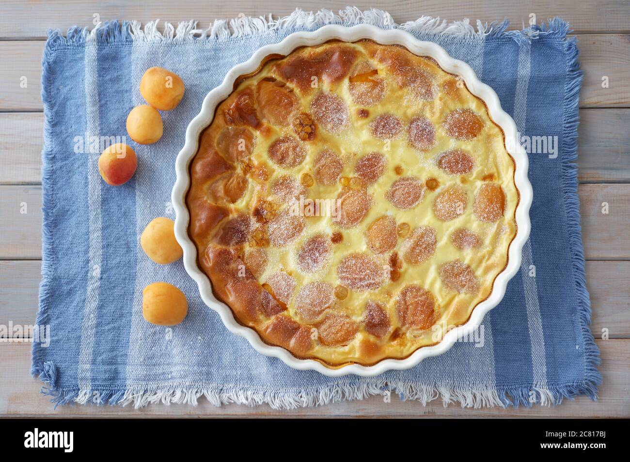 Just baked apricot clafoutis, the traditional French dessert, in a baking dish Stock Photo