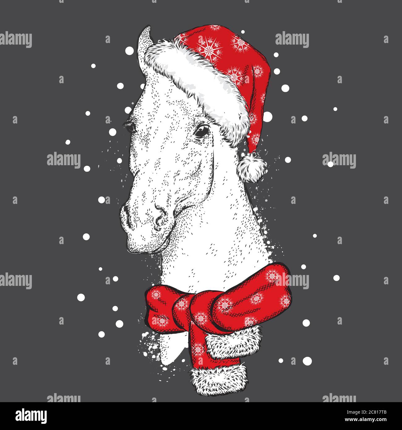 Beautiful horse in a Christmas hat and 