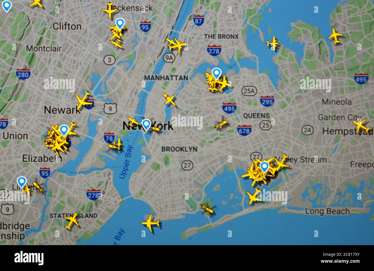 air traffic above New York aera, (18 july 2020, UTC 20.31) on Internet with Flightradar 24 site, during the Coronavirus Pandemic Stock Photo