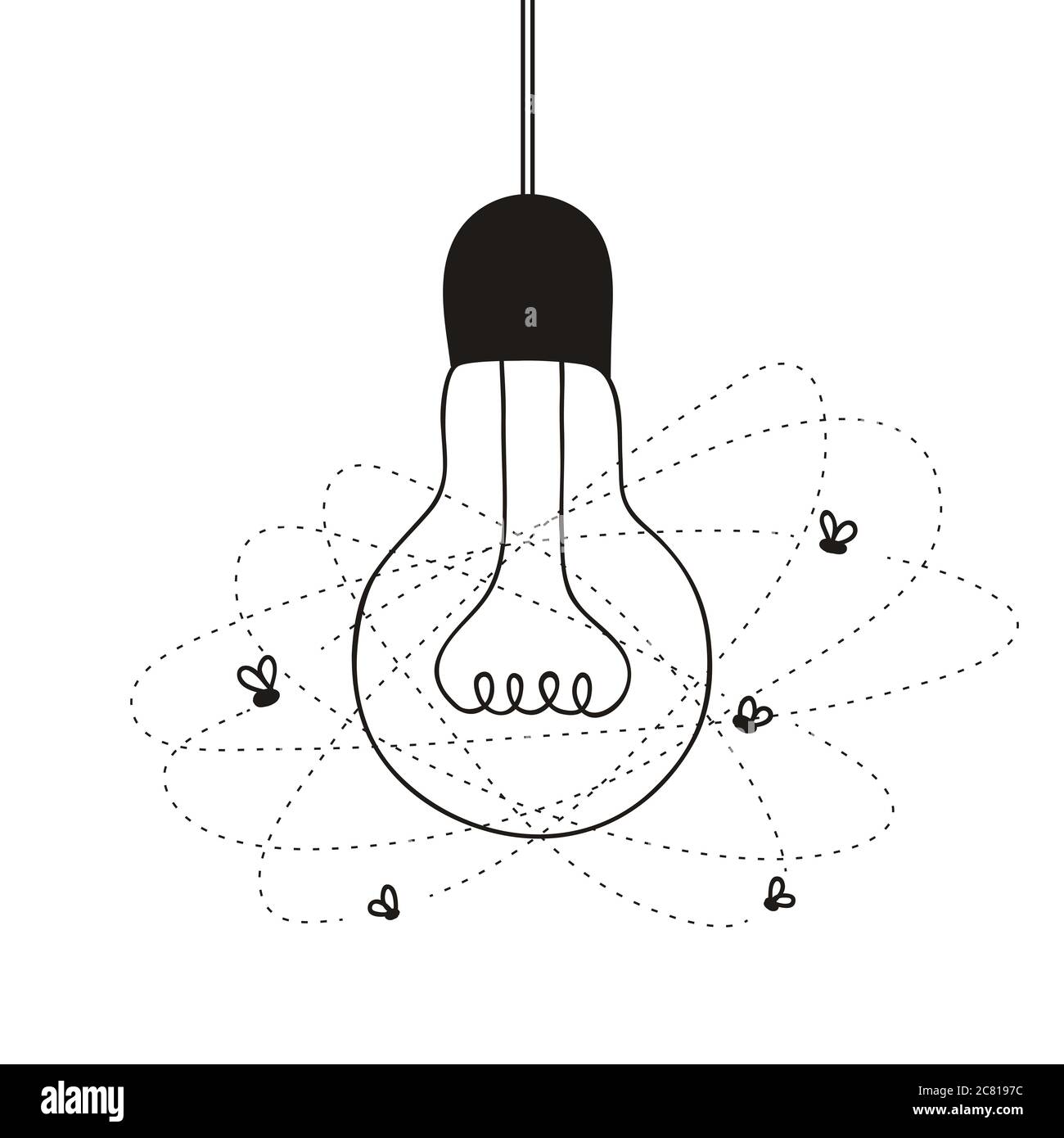 Light bulb with flies flying in circles around it. Simple line drawing