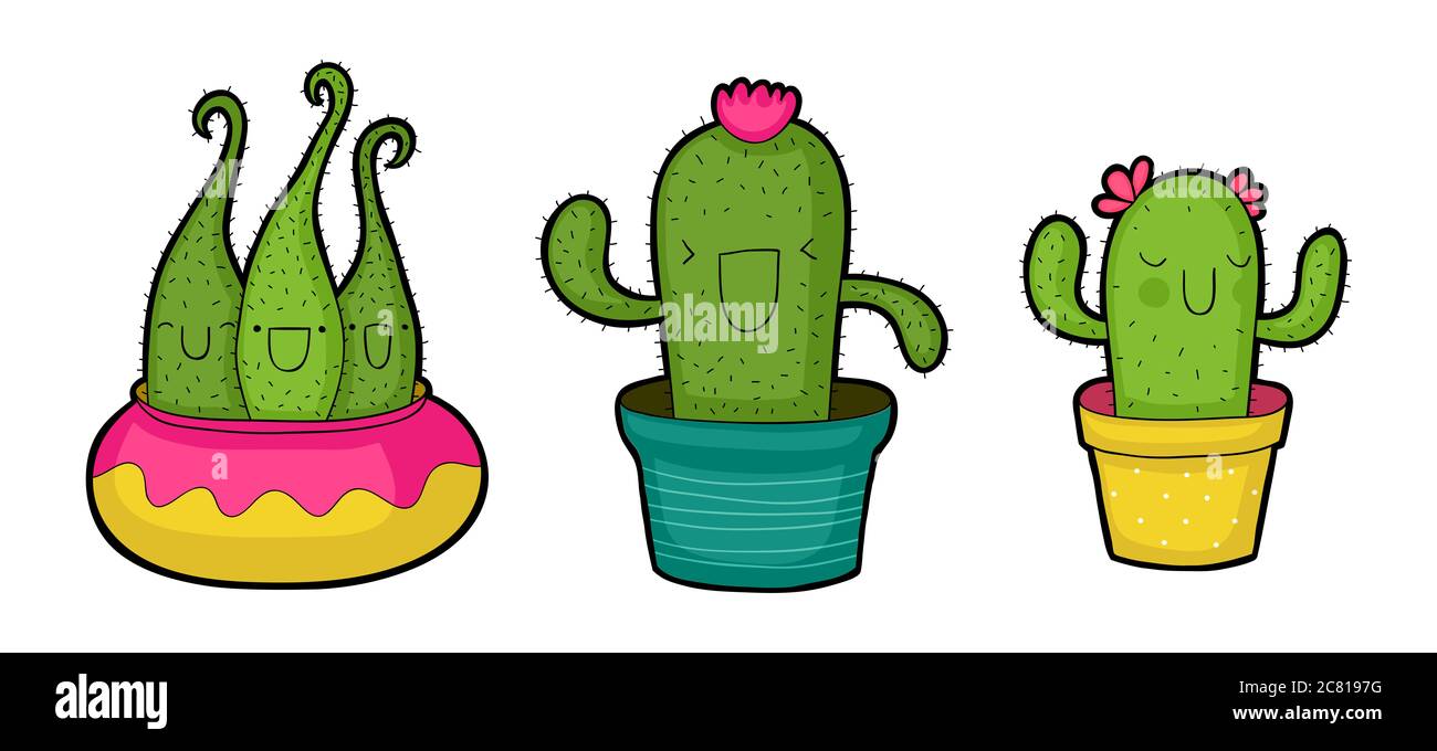 Set of three flower pots with happy cactuses illustration Stock Photo ...
