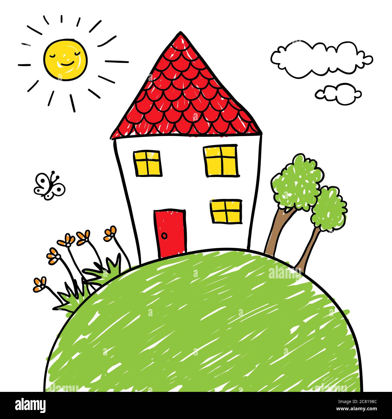 Детский рисунок домик солнышко
