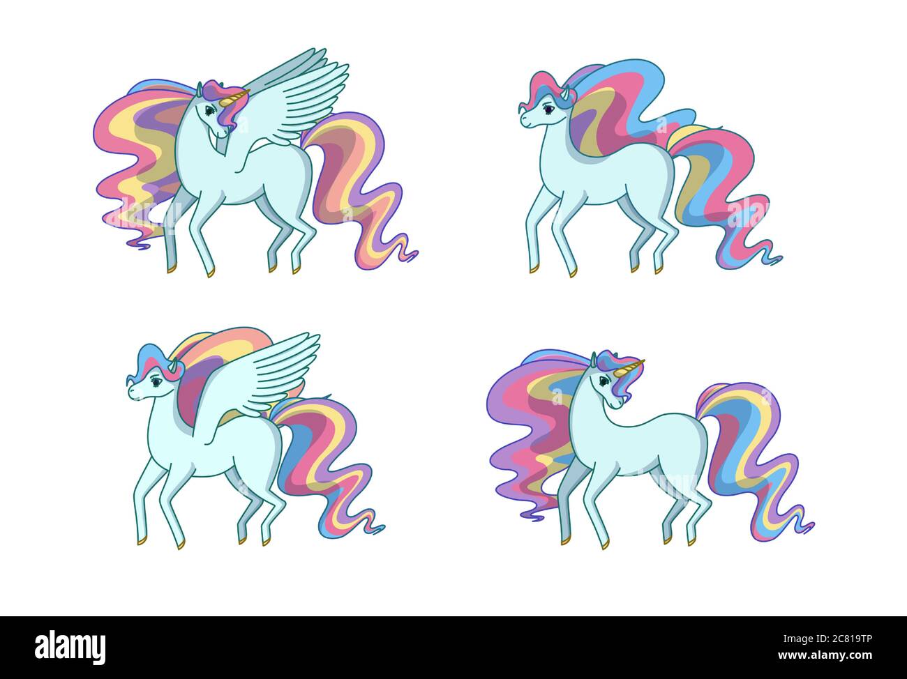 Set of alicorn, unicorn, pegasus and horse with waving rainbow mane and tail. Vector illustration in cartoon style Stock Vector