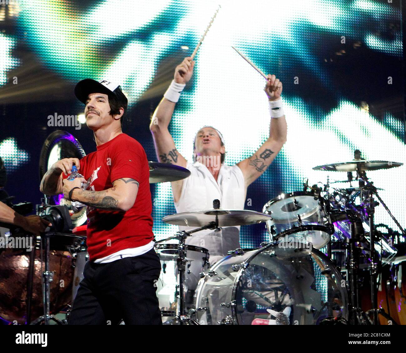Red Hot Chili Pepper lead singer Anthony Kiedis performs with the rest of the band at the BankAtlantic Center near Fort Lauderdale, Florida. Stock Photo
