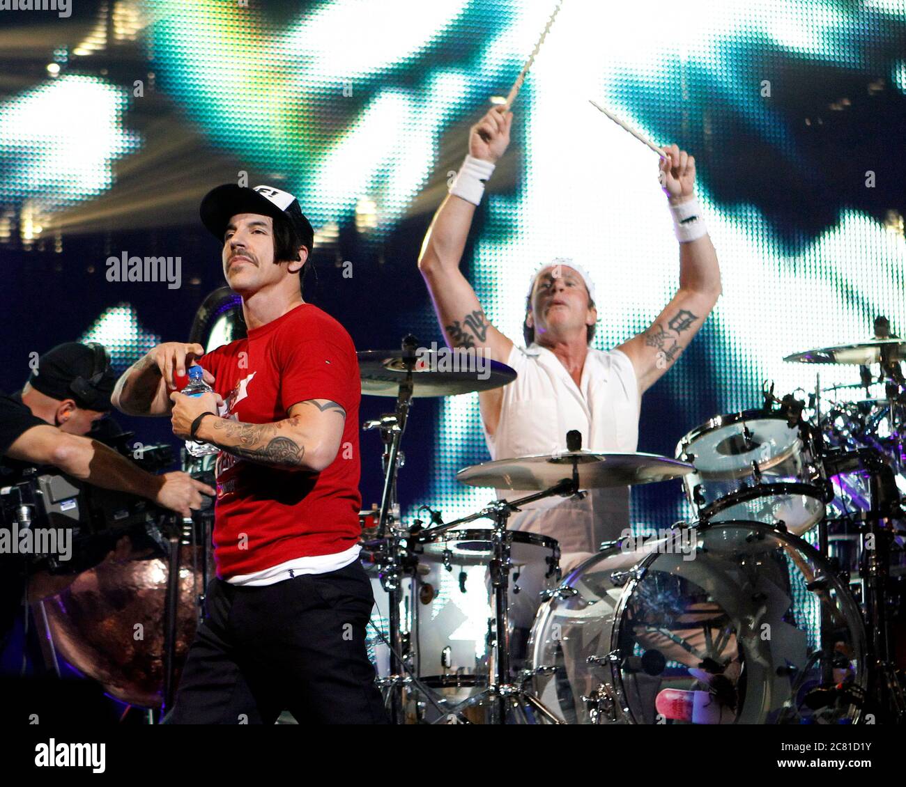 Red Hot Chili Pepper lead singer Anthony Kiedis performs with the rest of the band at the BankAtlantic Center near Fort Lauderdale, Florida. Stock Photo