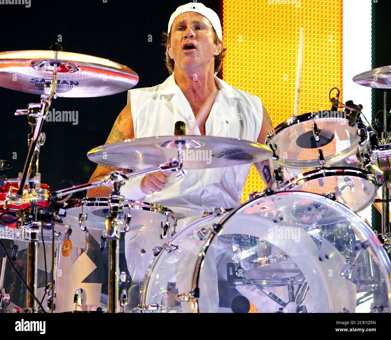 Red Hot Chili Pepper drummer Chad Smith performs with the rest of the band at the BankAtlantic Center near Fort Lauderdale, Florida. Stock Photo