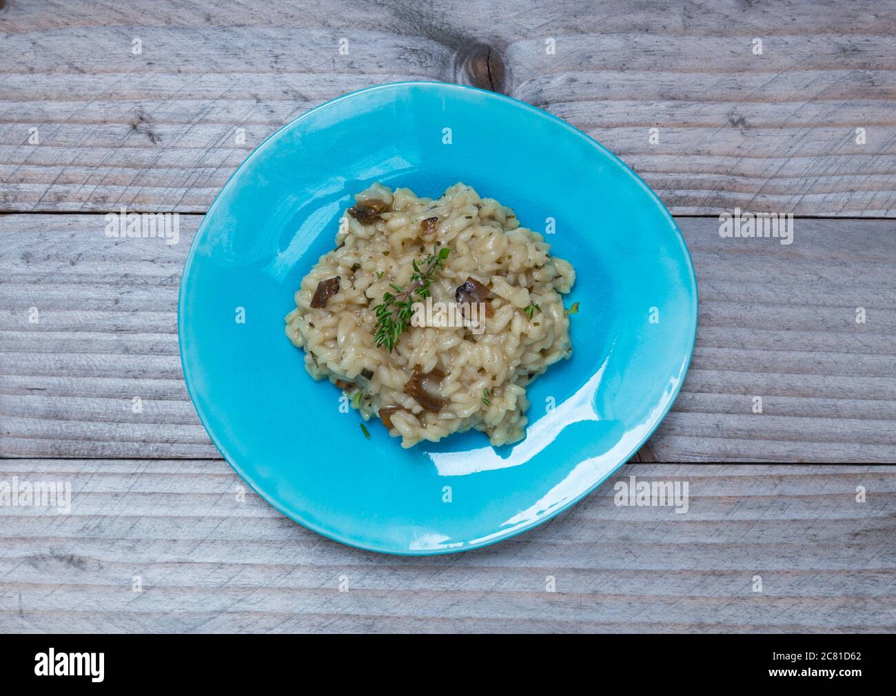 Truffle risotto with thyme on a plate. Stock Photo