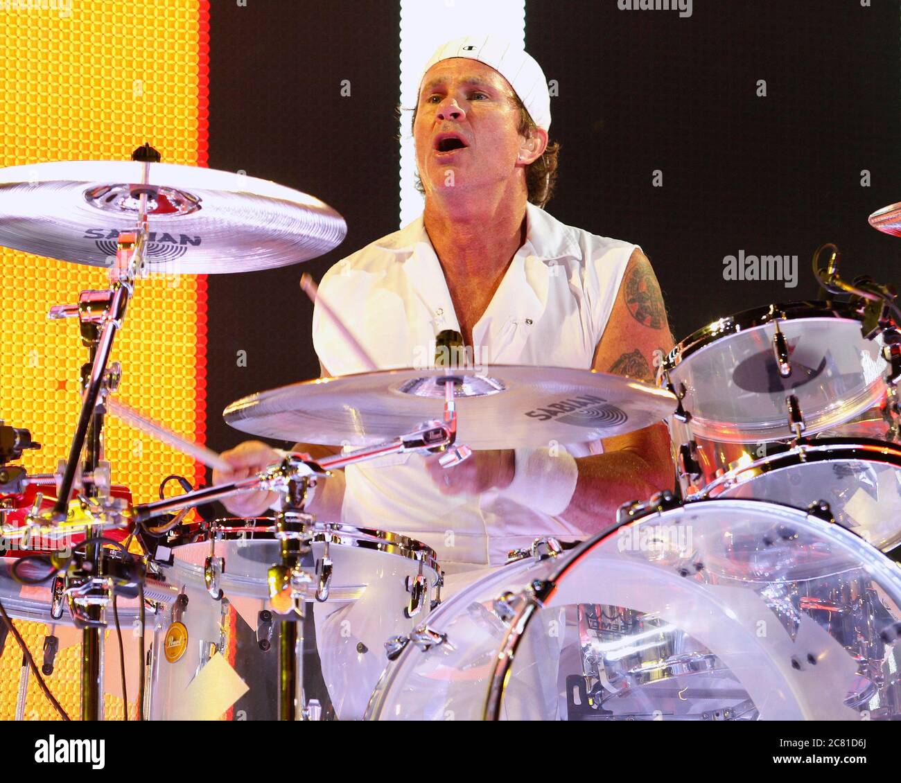 Red Hot Chili Pepper drummer Chad Smith performs with the rest of the
