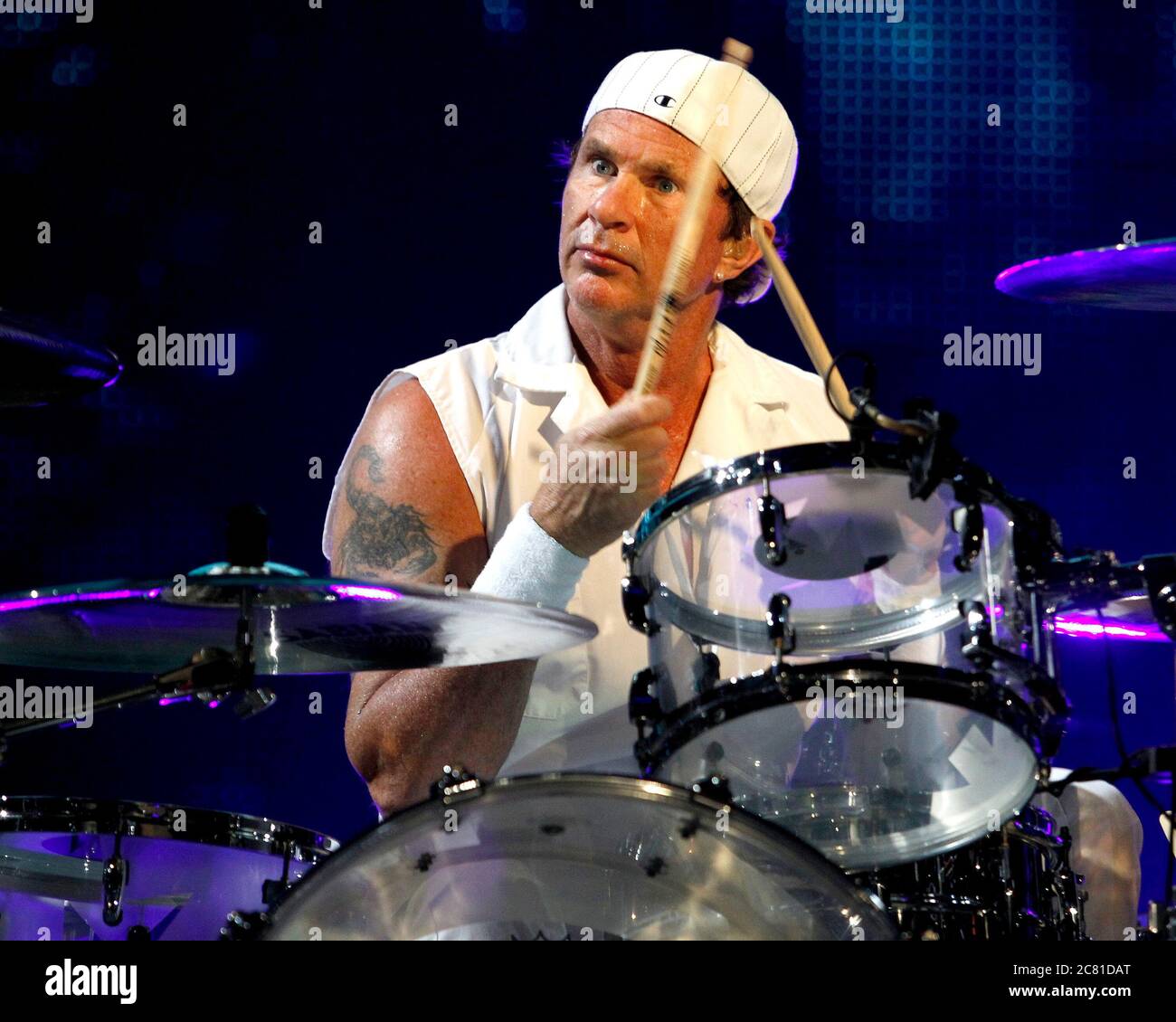 Red Hot Chili Pepper drummer Chad Smith performs with the rest of the band at the BankAtlantic Center near Fort Lauderdale, Florida. Stock Photo