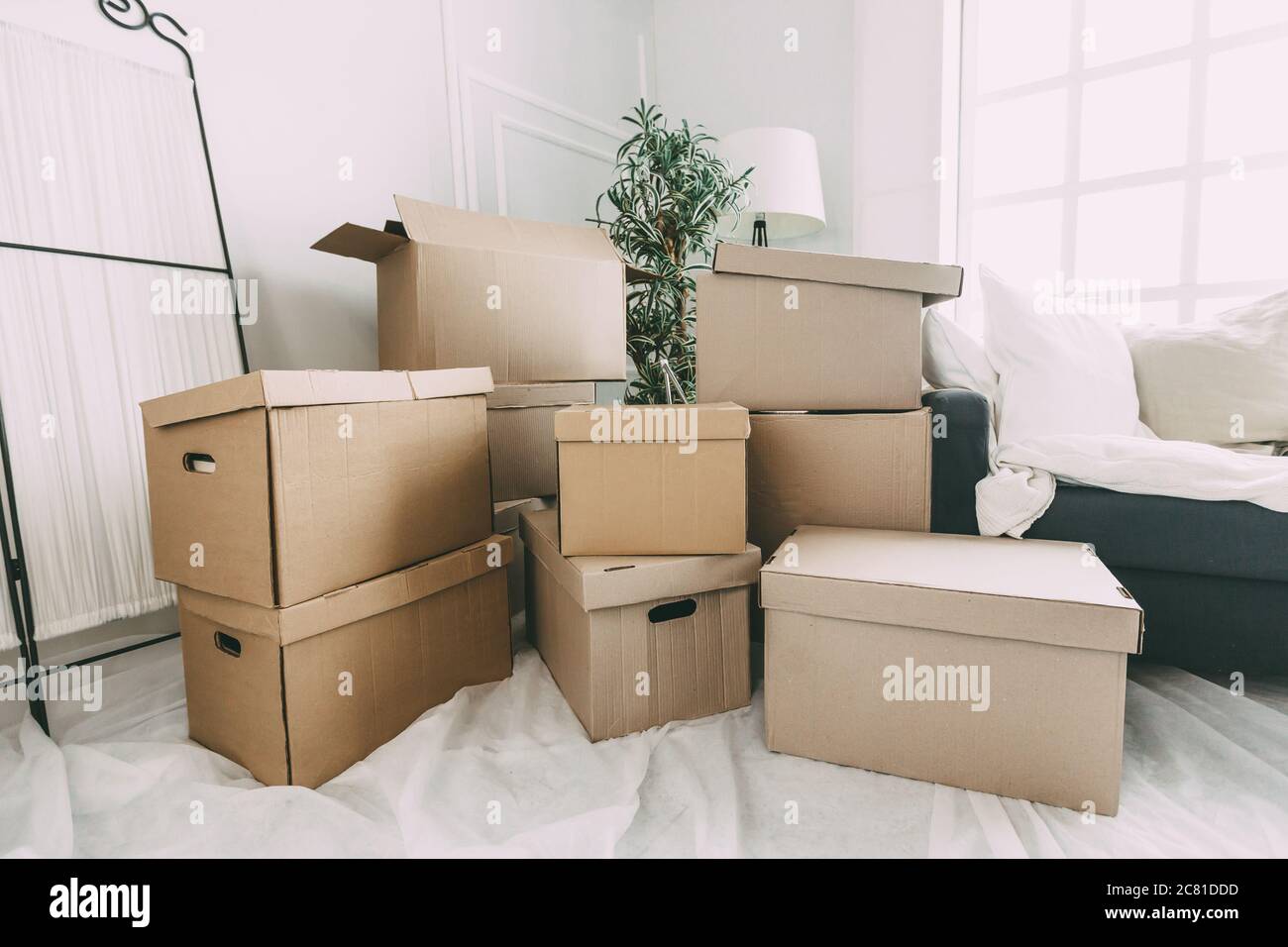lot of cardboard boxes in the new apartment. Stock Photo
