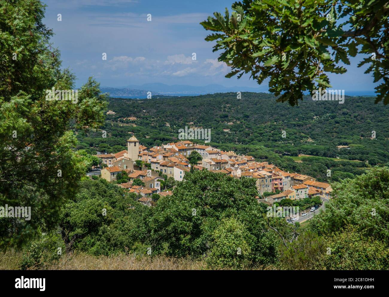 view of the medieval village of Ramatuelle on the spur of the Paillais hill in the Var department of the Provence-Alpes-Côte d'Azur region in Southeas Stock Photo