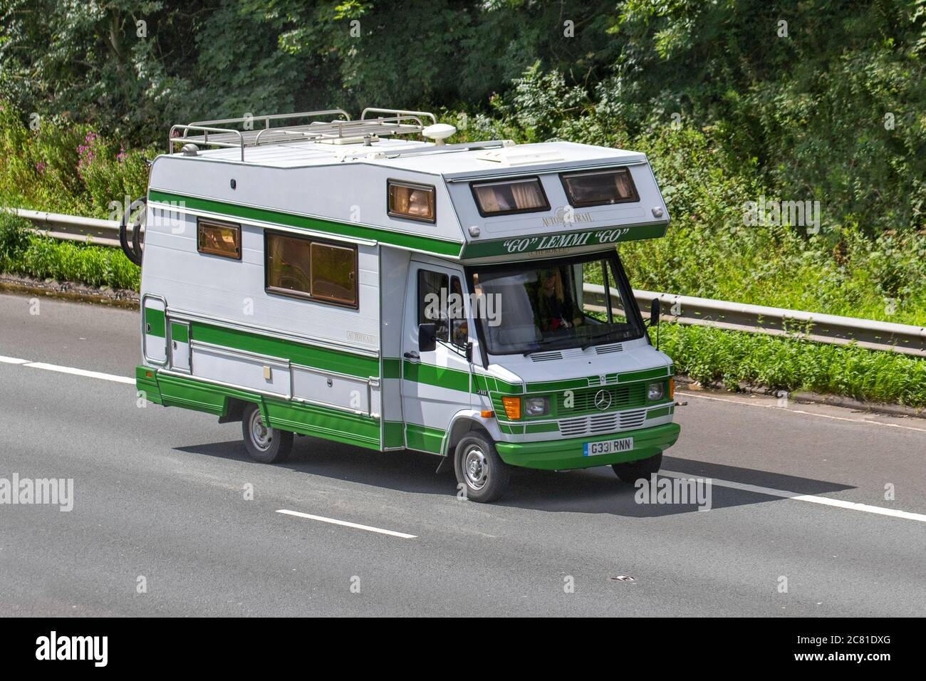 'Go' Lemmi 'Go' 1990 90s green white Mercedes Benz 210 Touring AutoTrail Caravans and Cherokee Motorhomes, campervans on Britain's roads, RV leisure vehicle, family holidays, caravanette vacations, caravan holiday, van conversions, autohome, life on the road, Stock Photo
