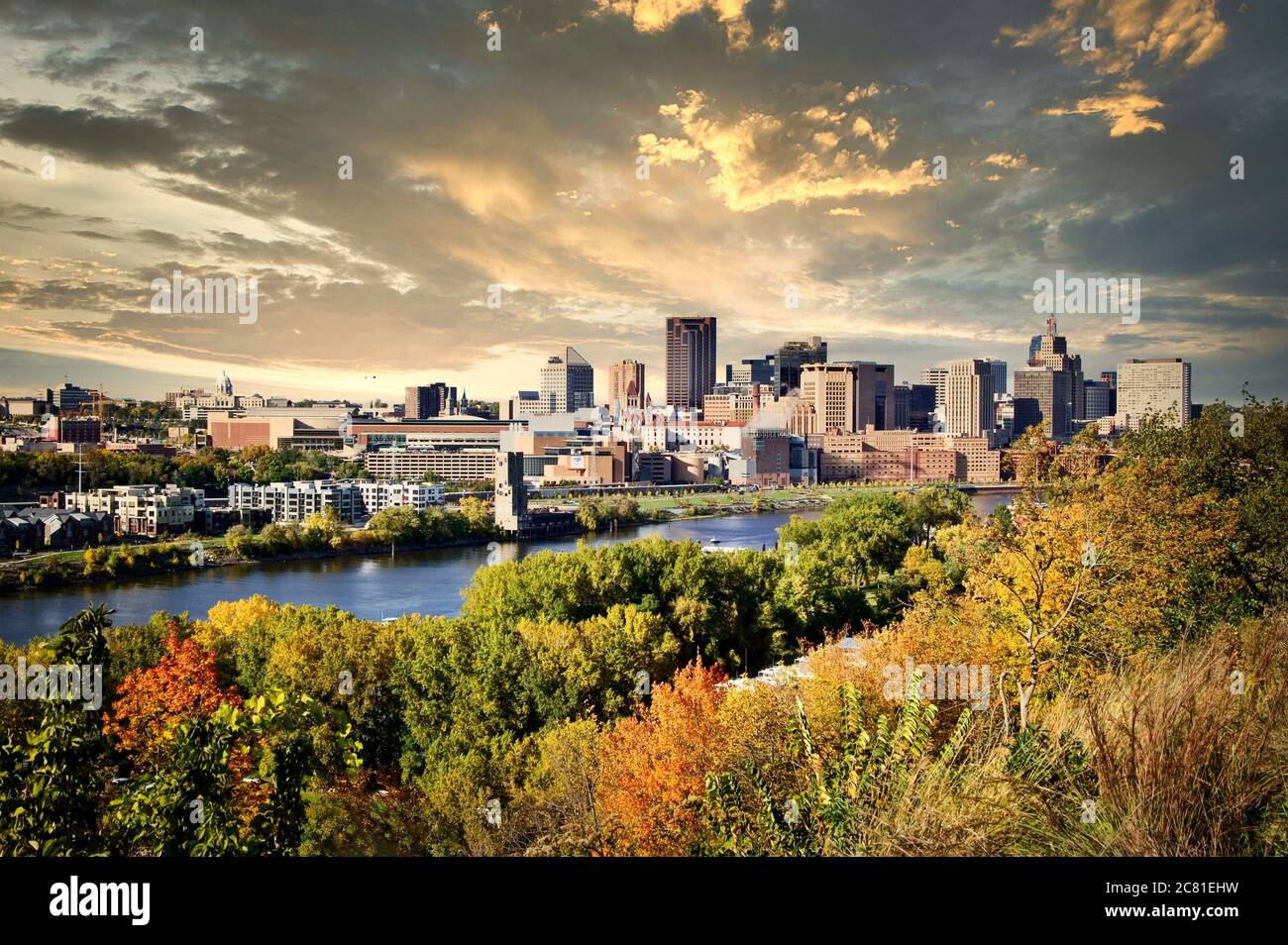 The St. Paul skyline rises along the Mississippi River and is the capitol city of Minnesota. Stock Photo