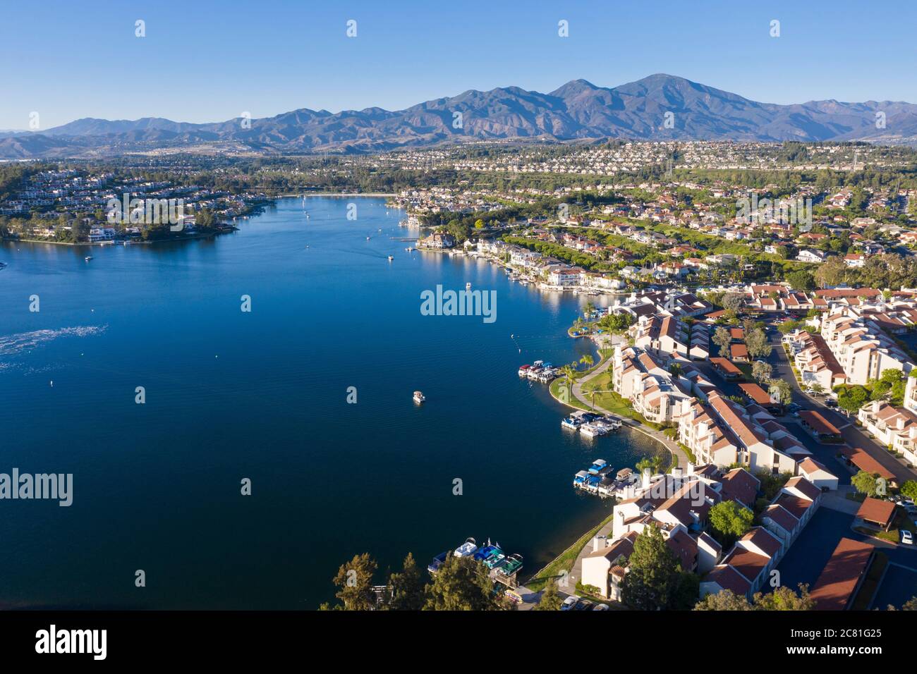 Aerial view of Lake Mission Viejo with Santiago Peak in the distance