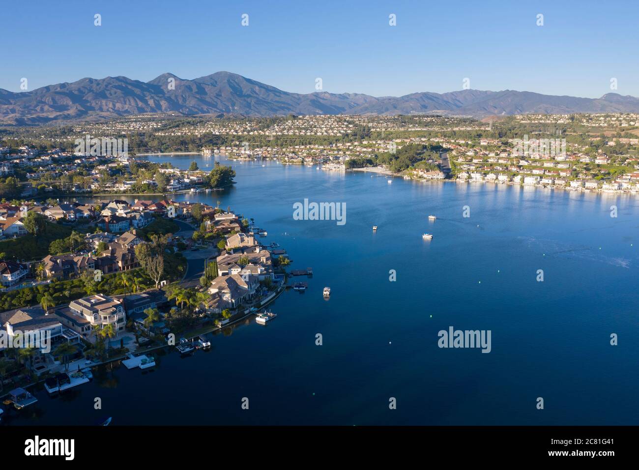 Aerial view of Lake Mission Viejo with Santiago Peak in the distance, in suburban Orange County, California Stock Photo