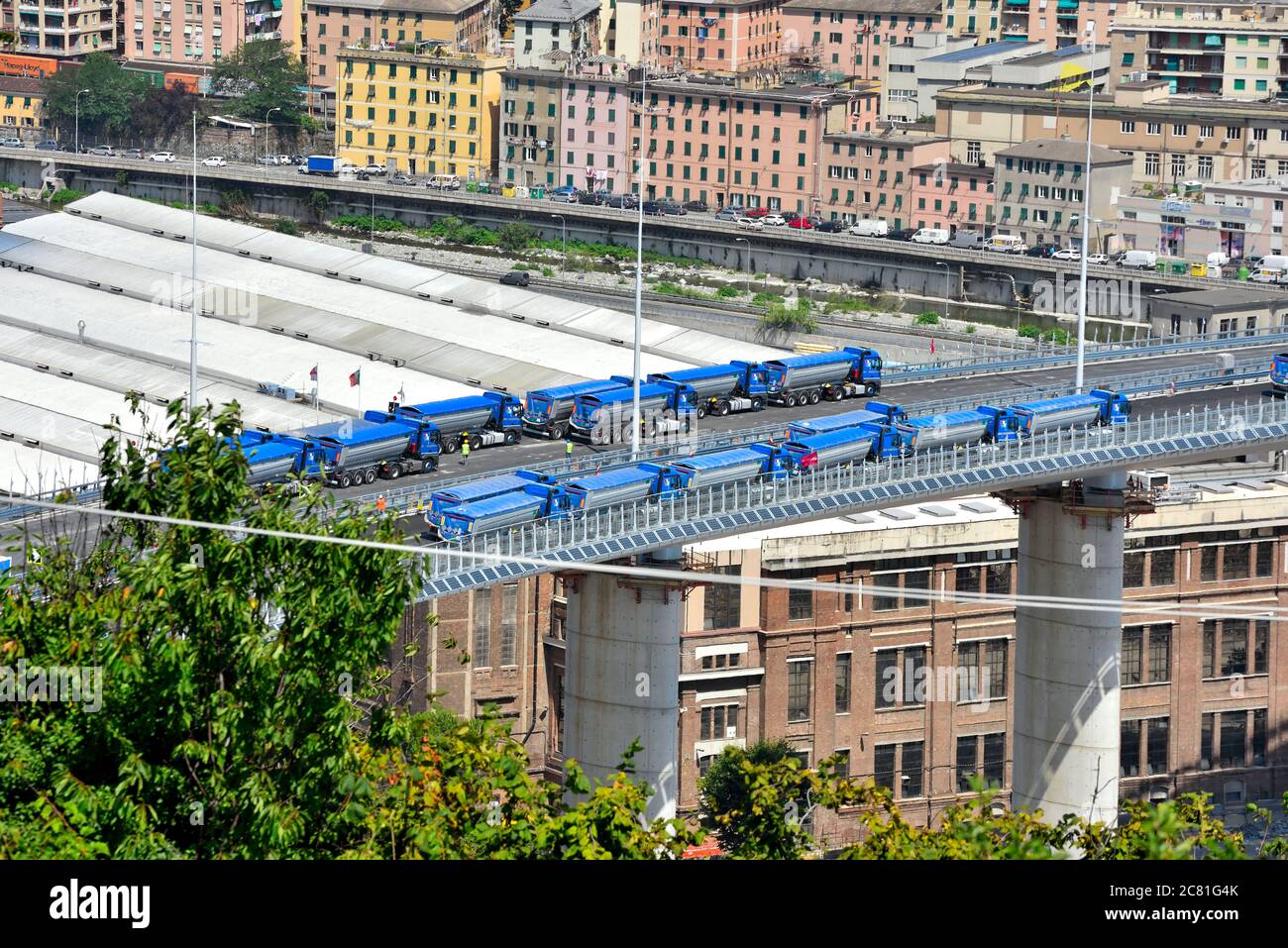 testing and load tests of the new genoa bridge with trucks and radio-controlled trolley Genoa Italy Stock Photo