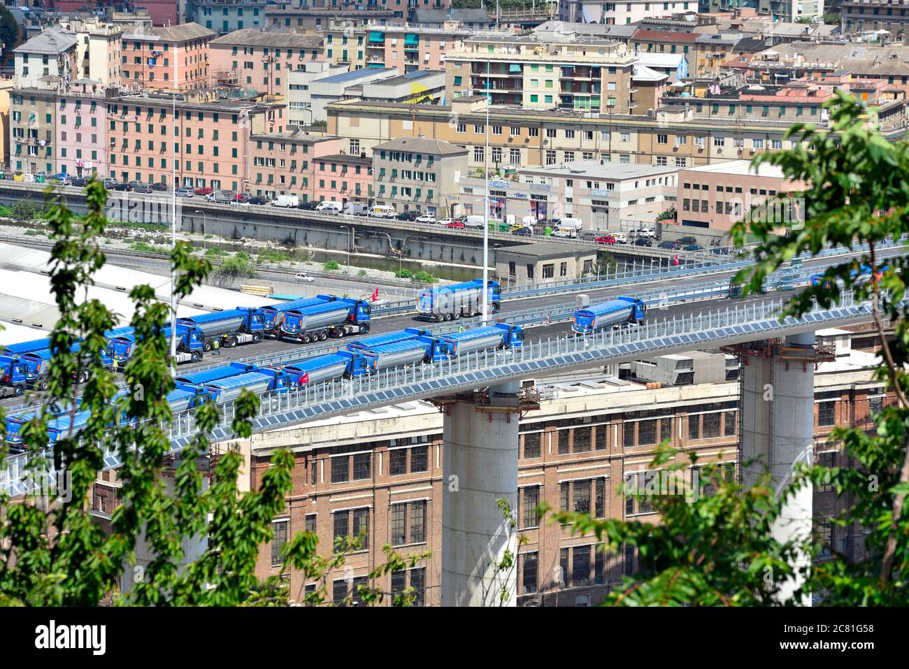 testing and load tests of the new genoa bridge with trucks and radio-controlled trolley Genoa Italy Stock Photo