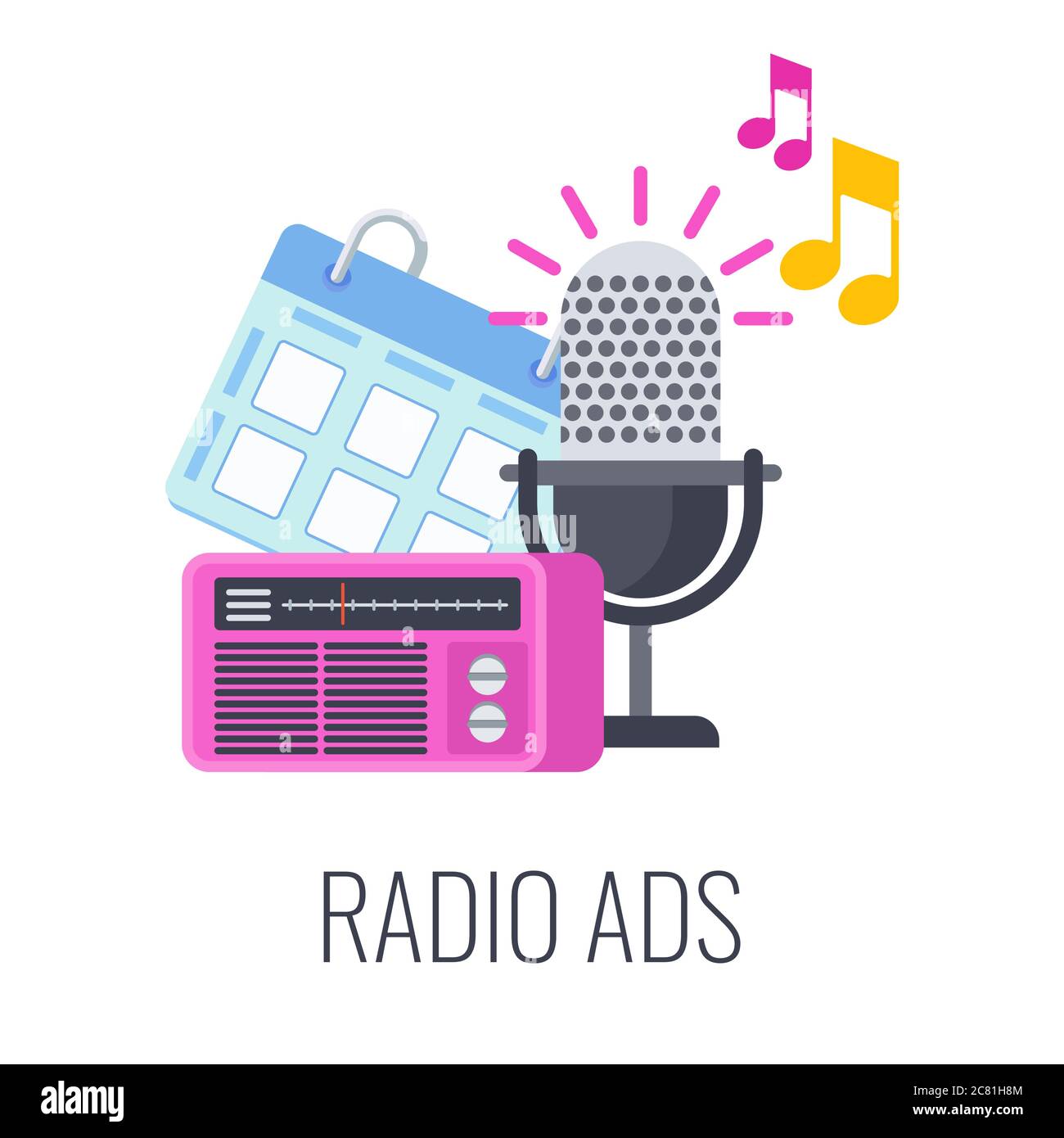 Radio ads icon. Radio microphone, calendar and radio receiver Stock