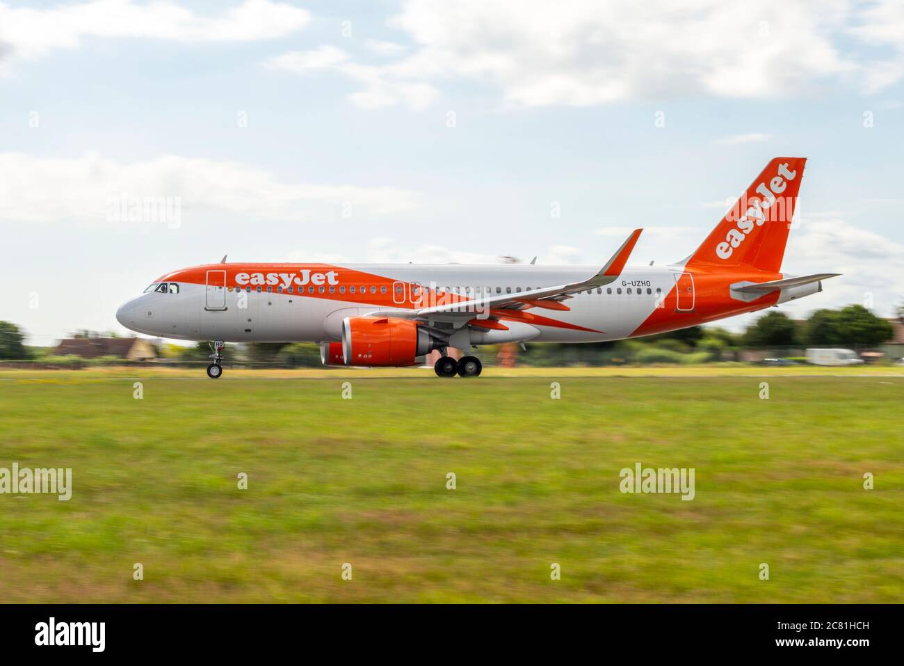 First resumed easyJet departure from London Southend Airport, Essex, UK after COVID-19 lockdown. Heading to Alicante, Spain. Speeding up for take off Stock Photo