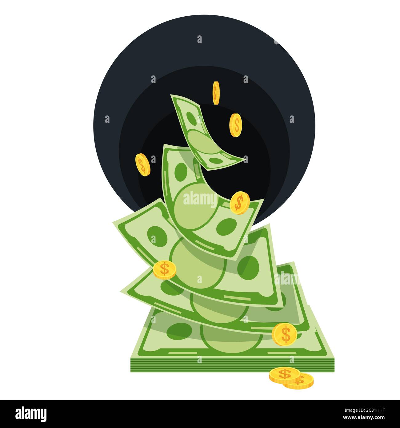 Black Hole Money. Waste of money. Banknotes fly away. Stock Vector